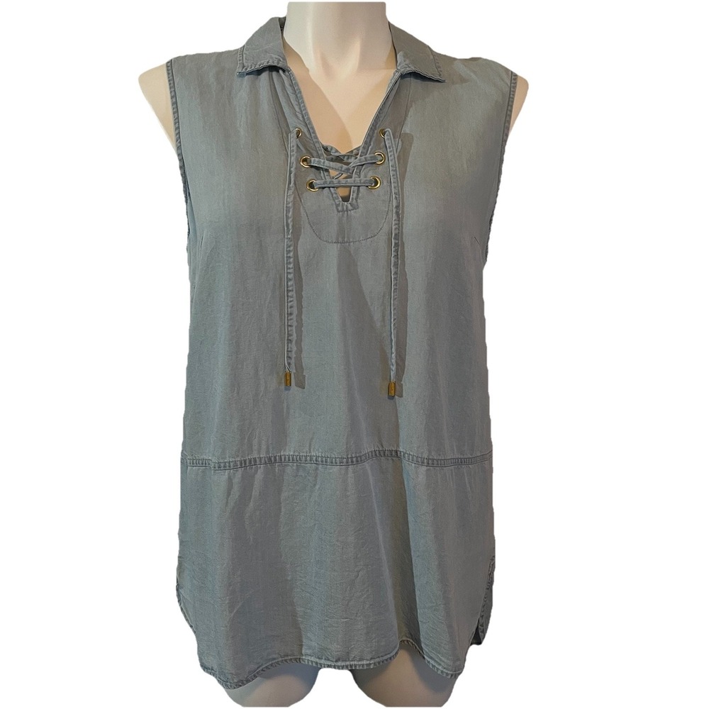 Ellen Tracy Chambray Tunic‎  Women's XL Lace Up Neckline Sleeveless Coastal Boho